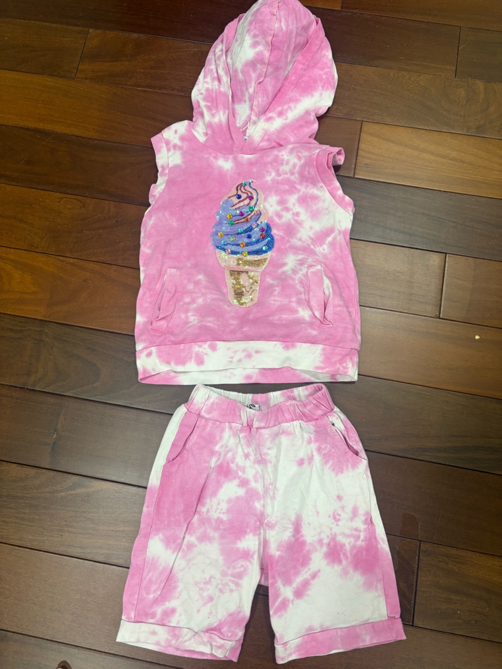 Justice Pink and White Tie-Dye Hooded Top & Shorts Set with Sequin Ice Cream
